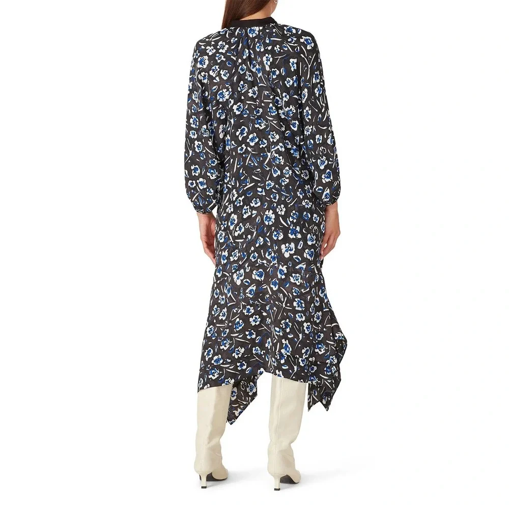 Tory Burch Puff Sleeve Tunic Floral Asymmetrical Hem Dress Blue Black XS